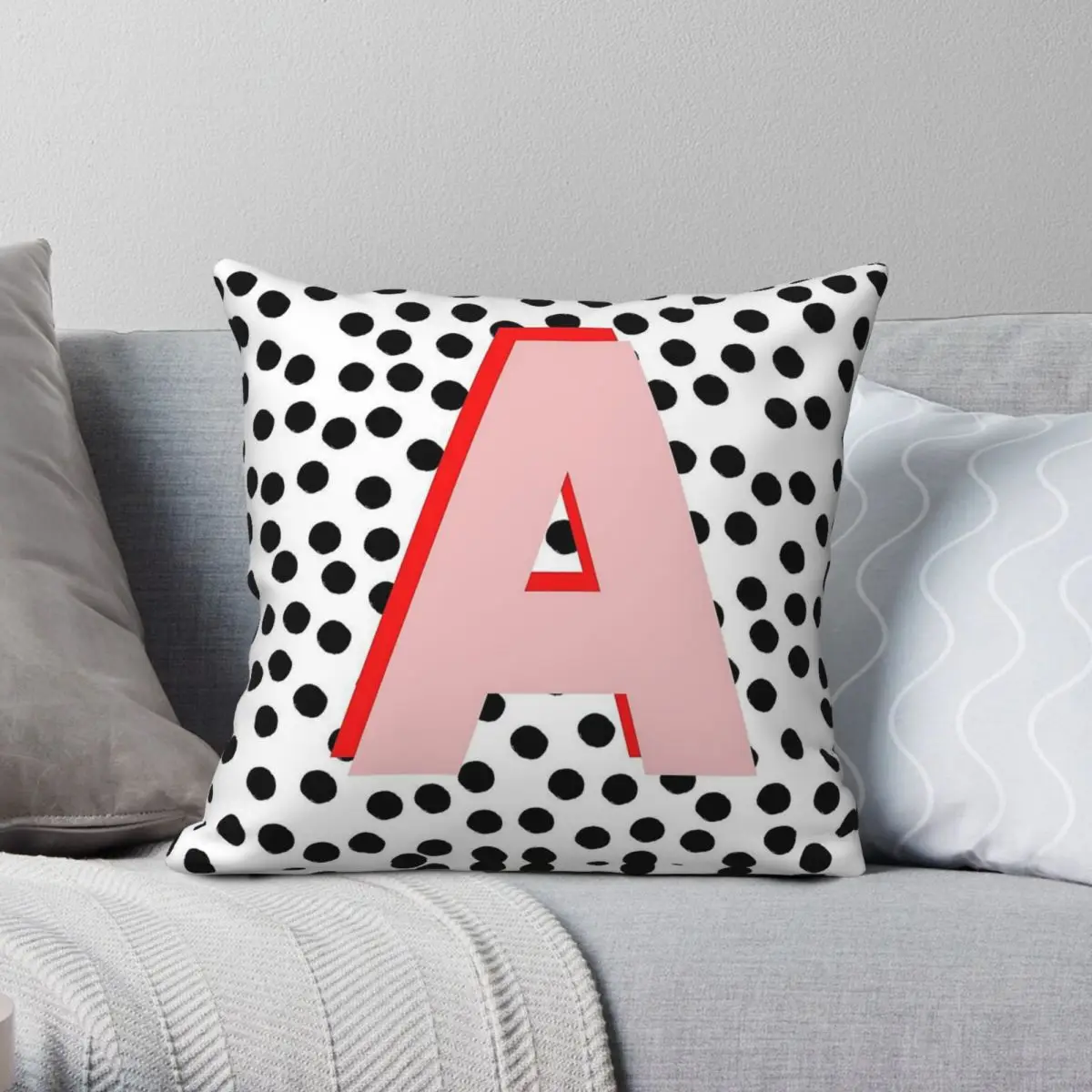 Black White Spots Pink Letter A Square Pillowcase Polyester Linen Velvet Creative Zip Decorative Bed Cushion Case 45x45