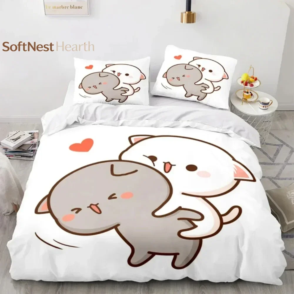 2026 Cartoon Lovely Peach Cat Bedding Set,Duvet Cover Comforter Bed Set Quilt Cover Pillowcase,King Queen Twin Size Boys Girls A
