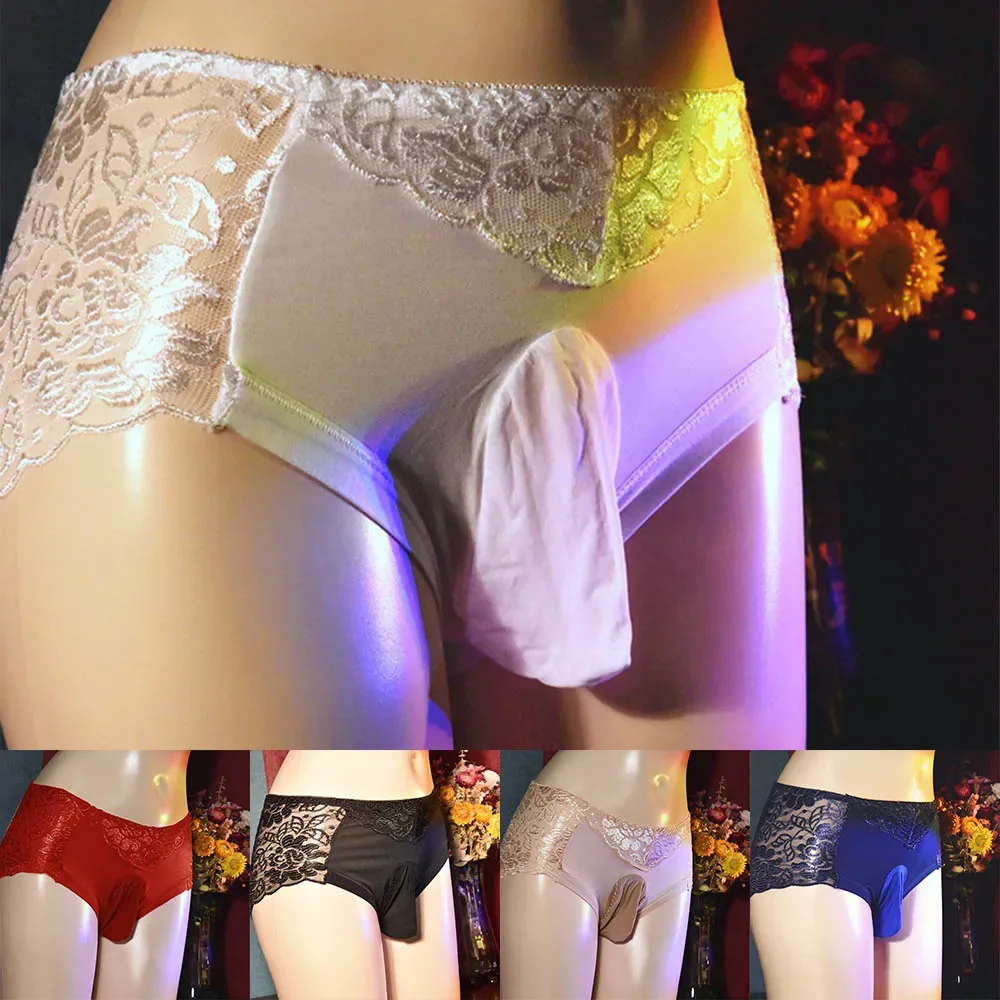 Men Lace See-Through Underwear Sexy Sissy Bugle Pouch Briefs Thin Hollow Out Thong Panties Breathable Brief Erotic Hombre