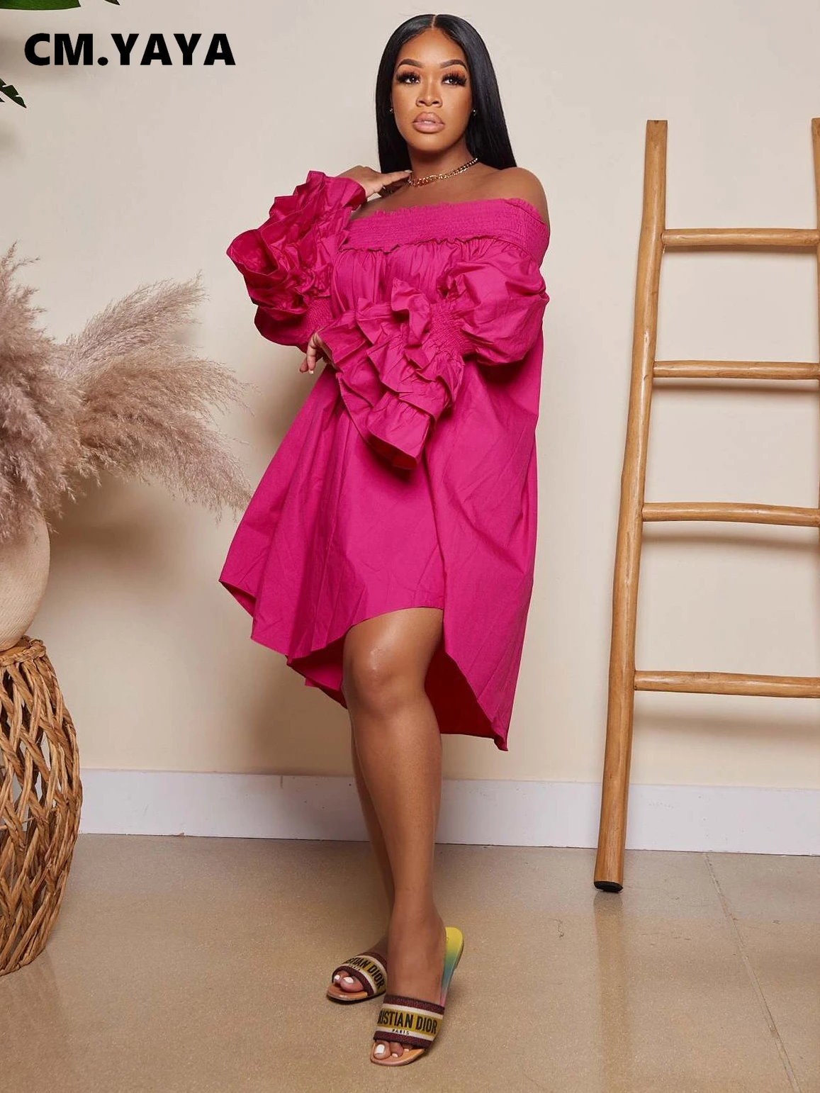 CM.YAYA Chic Women Cascading Ruffles Petal Off Shoulder Long Sleeve Smock  Dress 2022 Big Swing Loose Blouse Sundress Vestidos - AliExpress 200000345