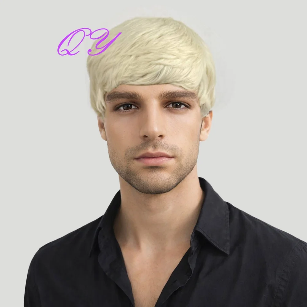 

Men's Short Blonde Wigs with bangs Natural Looking Synthetic Hair For Daily Party Cosplay use