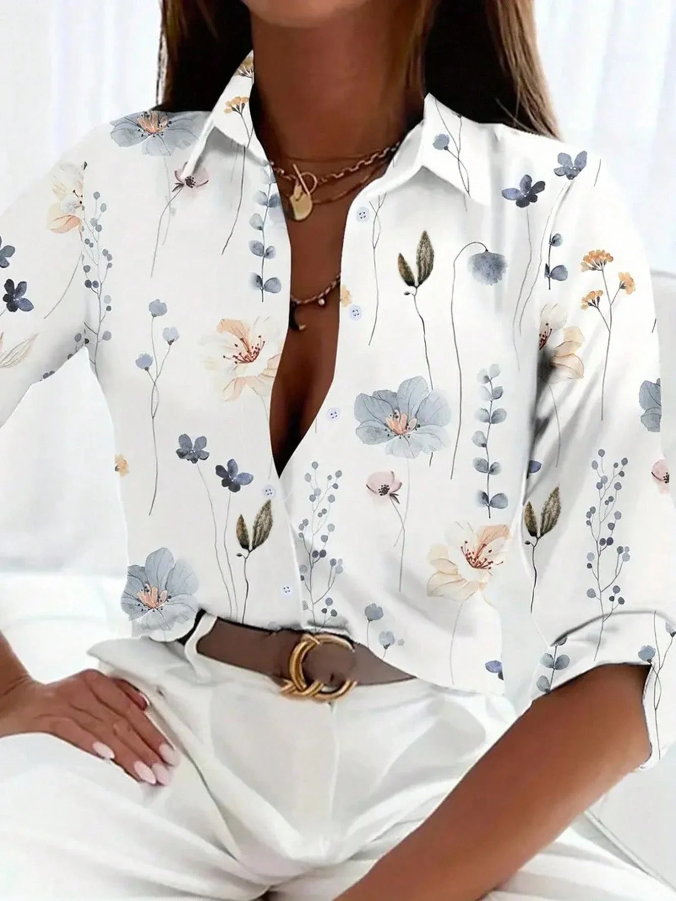 

Women's Floral Printed Button Up Long Sleeve Shirt Casual Blouse
