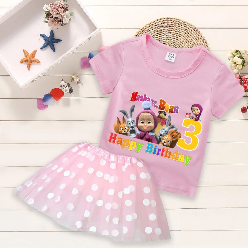

Mashas and The Bear T-shirt Dress Summer Fashion Set Polka Dot Cartoon Skirt Round Neck Digit 1-9 Print Clothes Birthday Gift
