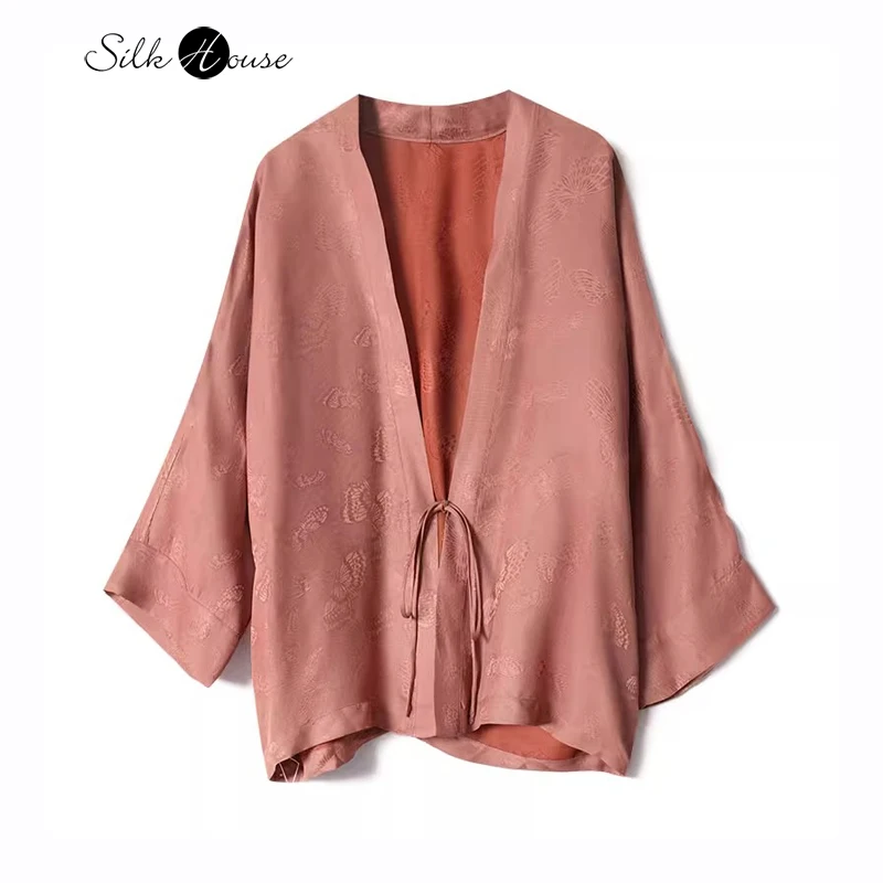 Orange Pink Butterfly New Chinese Jacquard HuaLuo Through Hole Luo Natural Mulberry Silk Women's Fashion Tea Clothing