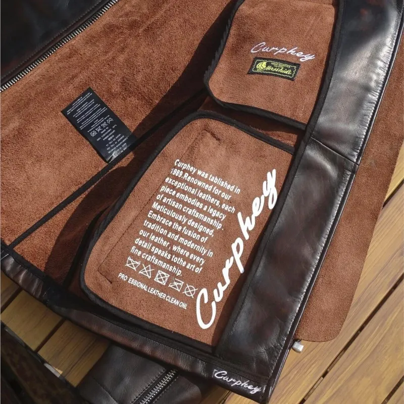 Vegetable-tanned tea core leather without lining design collar loop men's stand-up form-fitting  coat