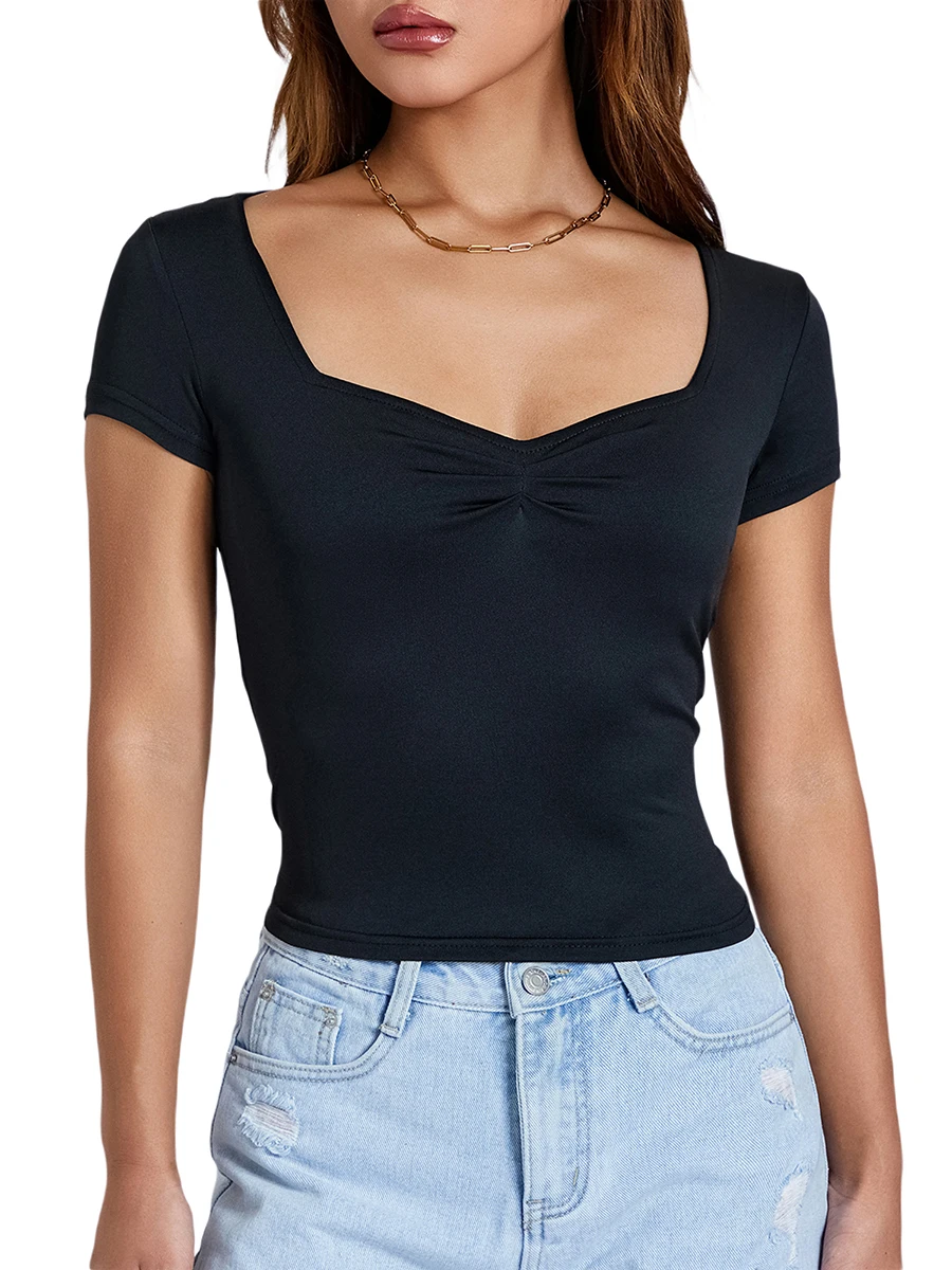 Women T-shirt Low-cut Short Sleeve Pleated Solid  Fit Summer Tops for Casual Daily