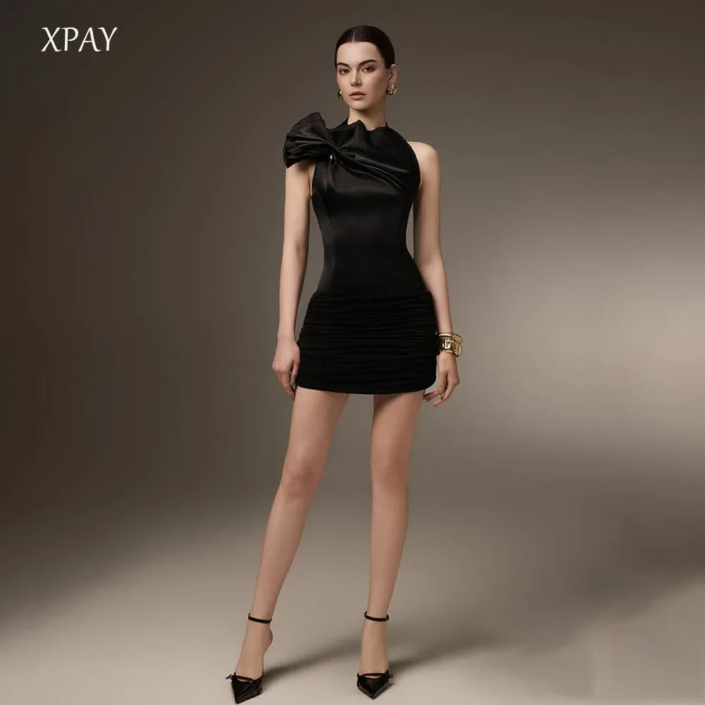 

XPAY Fashion Black Short Prom Party Dresses Halter Pleat Customised Satin Mini Cocktail Dress Formal Evening Night Event Gowns