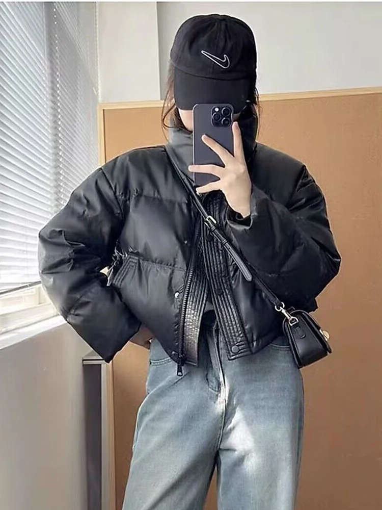 Jmprs Retro Moto Pu Puffy Mäntel Frauen lose Streetwear Langarm koreanische Parkas Winter dicke warme lässige Vintage Harajuku Tops