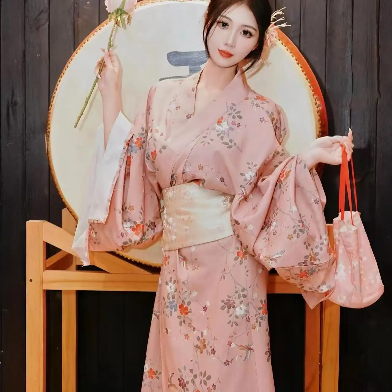 Pink Kimono Traditional Japanese Clothing Yukata Spring Summer Floral Printing Bathrobe Stage Performance Photography Robe