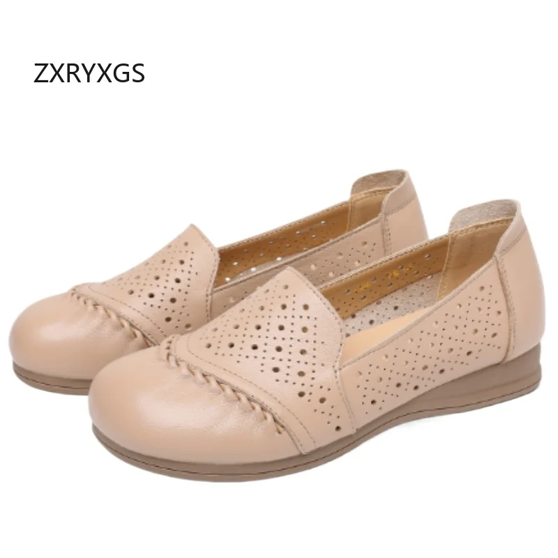 ZXRYXGS 2026 Spring Summer Flats Top Cowhide Hollow Breathable Shoes Women Large Size Genuine Leather Comfortable Shoes Tide