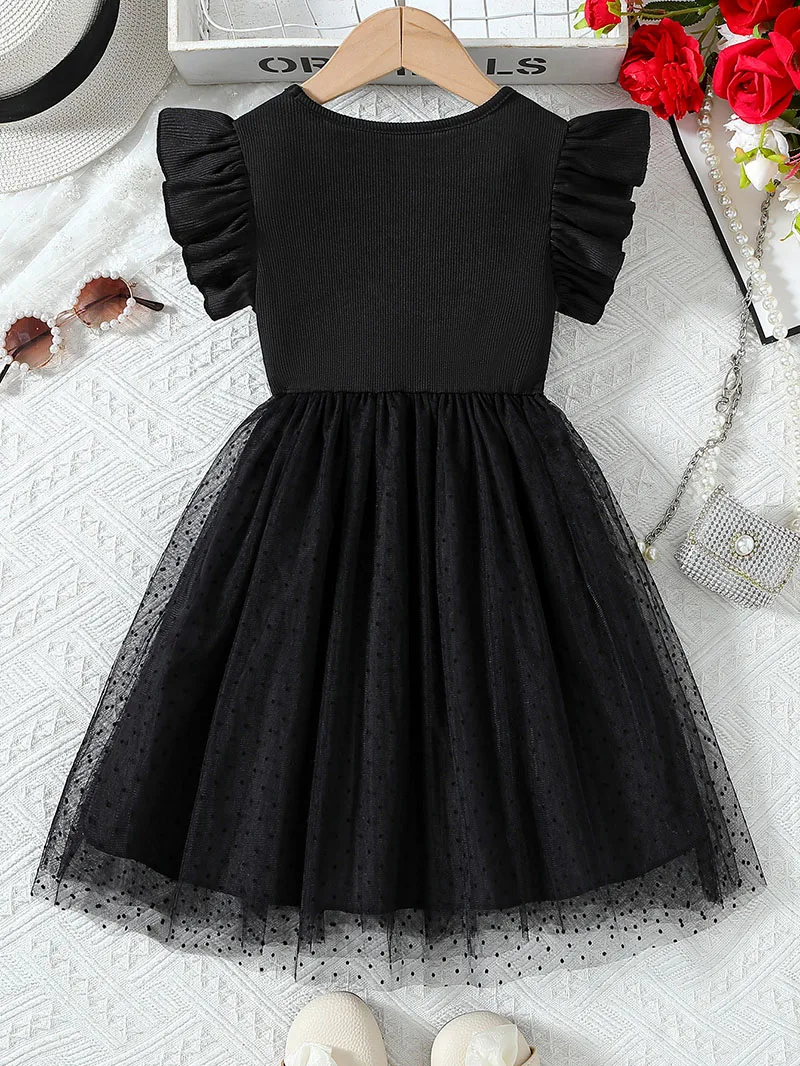 Summer Girls' Mesh Dress 1-6Y Children's Dress Girls Solid Color Short Sleeve Polka Dot Princess Dress Kid's Clothes