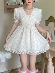 Sailor Colla Sweet Kawaii Dress Women Lace France Style Vintage Mini Dress Female Flower Print Chic Korean Fashion Dress 2023