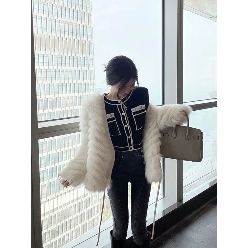 Vintage Knitted Cardigan Women Patchwork Cropped Sweater Jackets Korean Elegant Black Slim Chic Short Knitwear Outwear Tops New