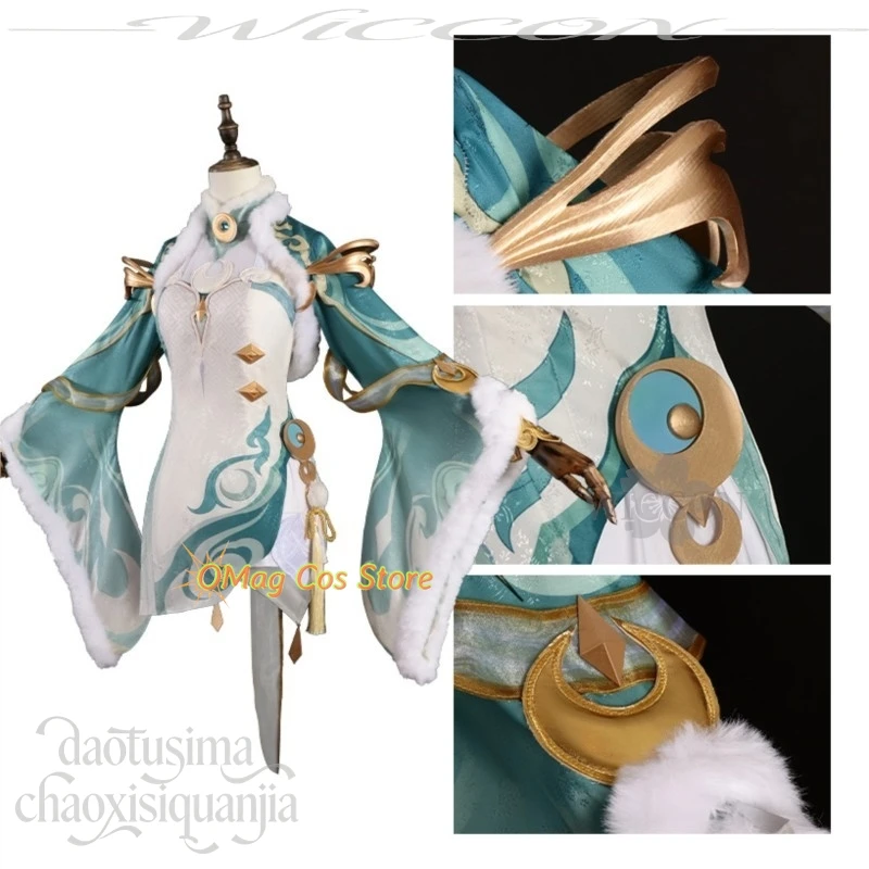 Anime Game Genshin Impact Cosplay Zibai Retro Uniform Chinese Fairy Green Dress Qipao Cheongsam White Wigs Halloween Chr view 4
