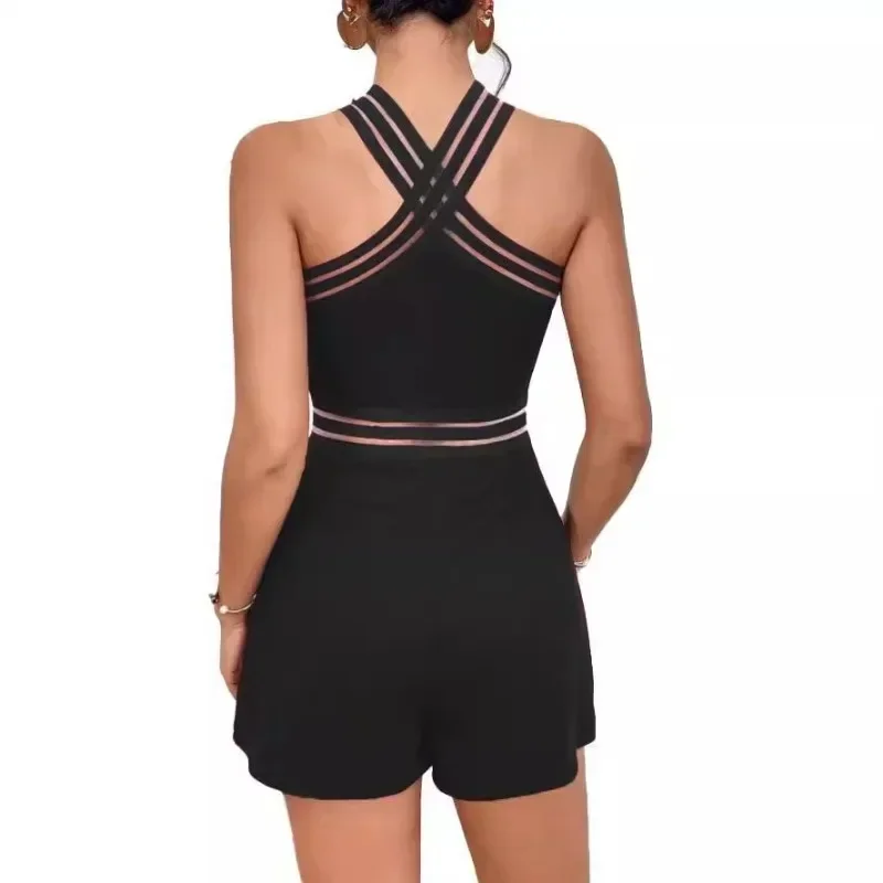 GUWU Diamanti Strass Pagliaccetto Donna Senza maniche Halter Sheer Mesh Patchwork Tute intere Club Party Compleanno Abiti