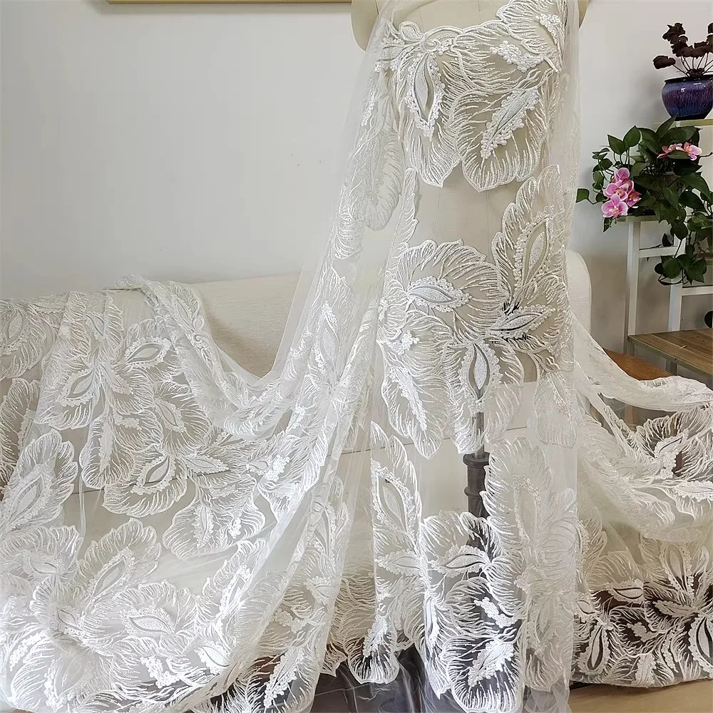 

1yard High quality mesh fabrics White leaf beadwork Embroidery tissu Wedding Dress Cheongsam fabric for material