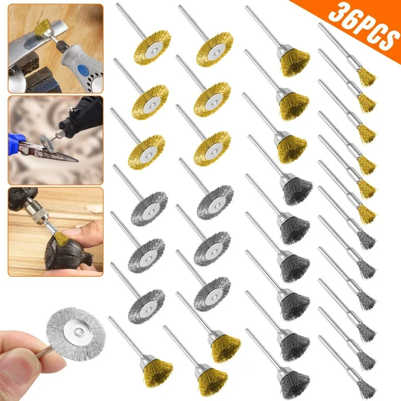 36Pcs Wire Wheel Brush Set Polishing Wire Brush Brass Wire Wheel Cup Pen Brush Mix Kit Dremel Mini Drill Rotary Grinding Tool