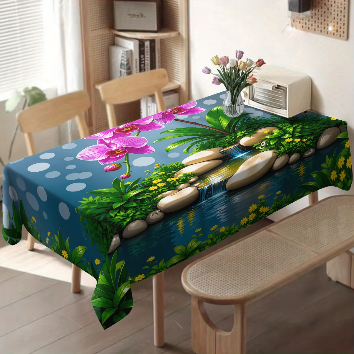 Vibrant Dragonfly Floral Printed Polyester Tablecloth - Decorative Dining Table Cover, Stylish Home Kitchen Table Decoration