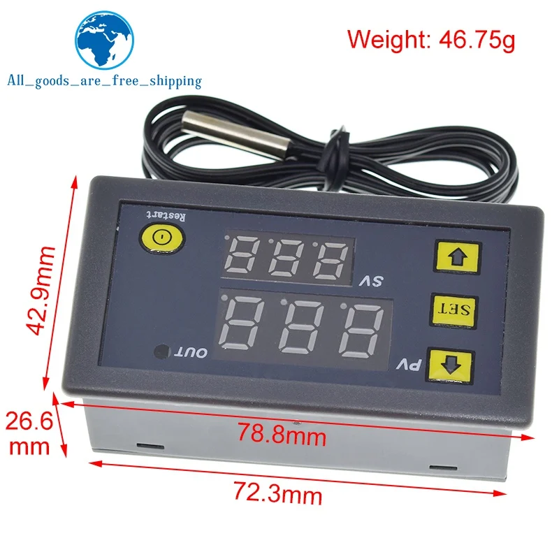 W3230 12V 24V AC110-220V Probe line 20A Digital Temperature Control LED Display Thermostat With Heat/Cooling Control Instrument