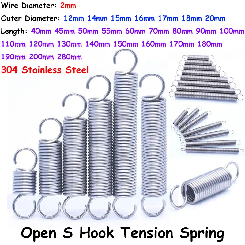 

304 Stainless Steel Open S Hook Tension Spring Wire Diameter 2mm Cylindroid Helical Expansion Tensile Spring Length 40-280mm