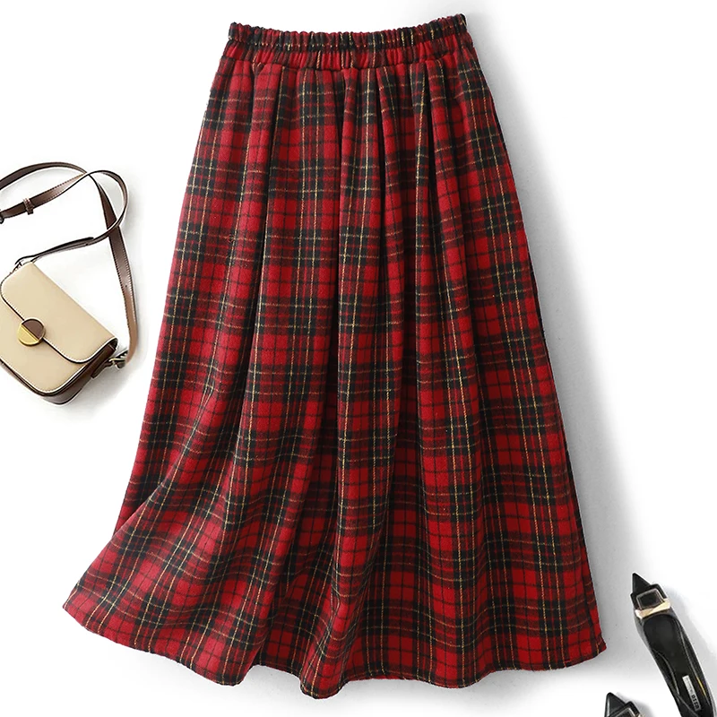 

Harajuku Preppy Vintage Red Plaid Wool Skirt Women Elastic Waist Mid-length A-line Skirt Elegant Trendy Office Commute Outfits