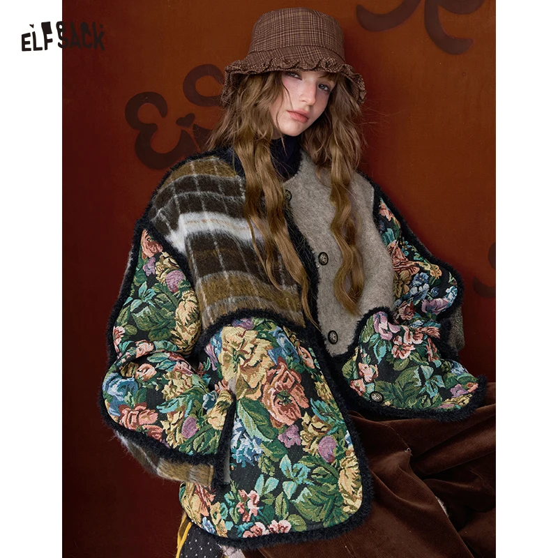 

ELFSACK New Oriental Design Patchwork Floral Sleeve Coat For Women