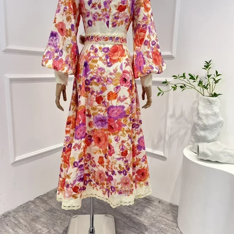 2023 Top Quality Latest Collection Spring Autumn Pink Floral Printing Hook Flower Hollow Patchwork Midi Dress for Women