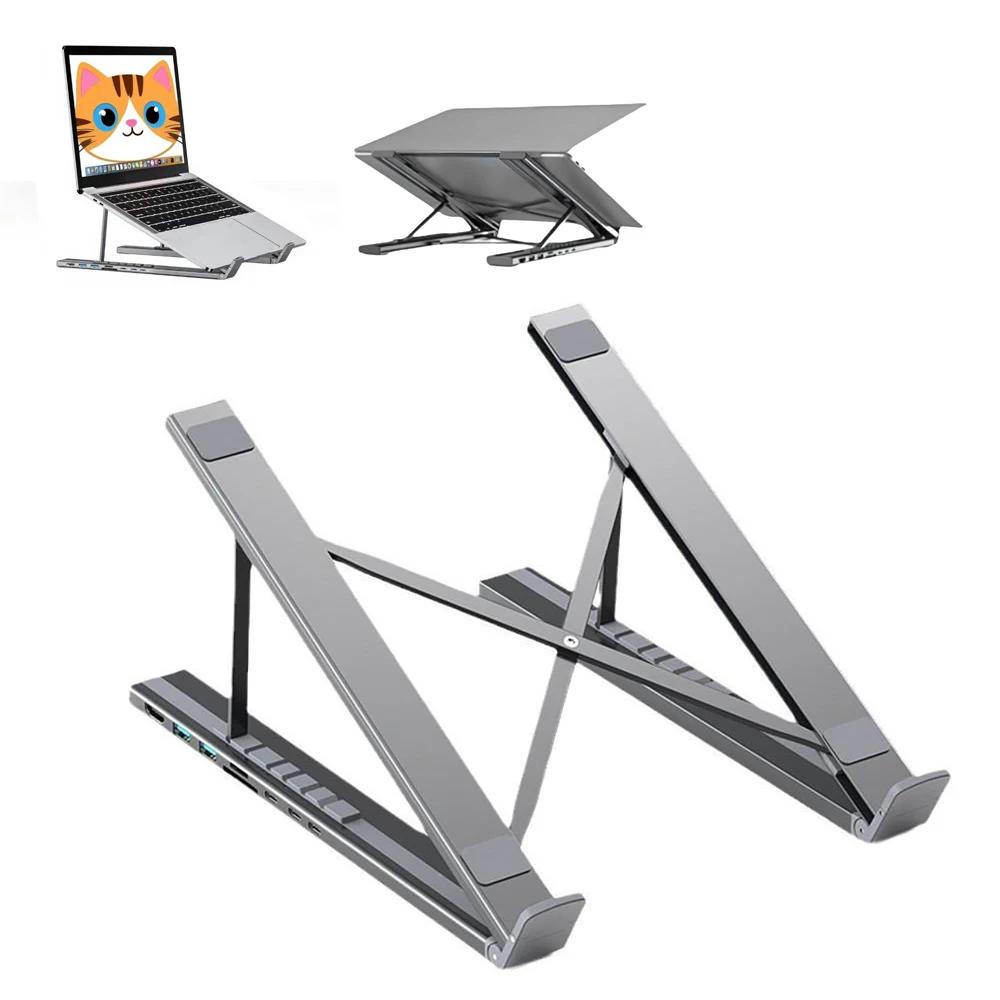 8-in-1 Laptop Bracket Docking Station Aluminium Alloy Laptop Holder Hub 4K 5Gbps Hub USB / USB-C Splitter Dark Gray