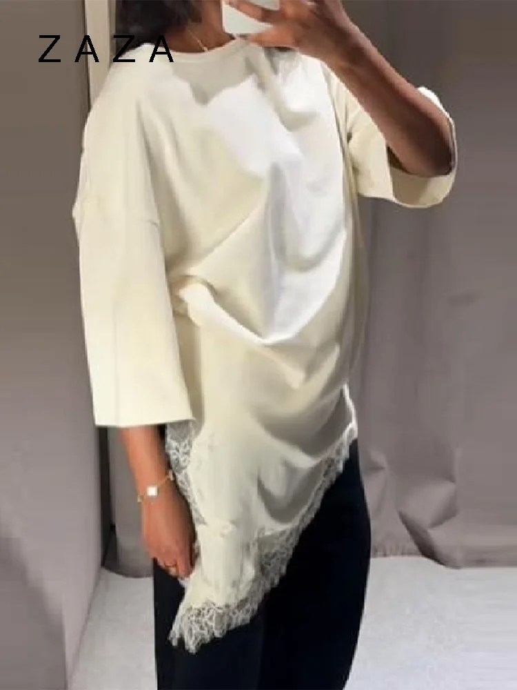 Zaza بلوزة نسائية جديدة من الدانتيل الساتان مقسمة نصف كم رقبة دائرية قميص طويل بحاشية غير منتظمة قطع علوية متينة 2025 ملابس علوية غير رسمية جديدة للسيدات