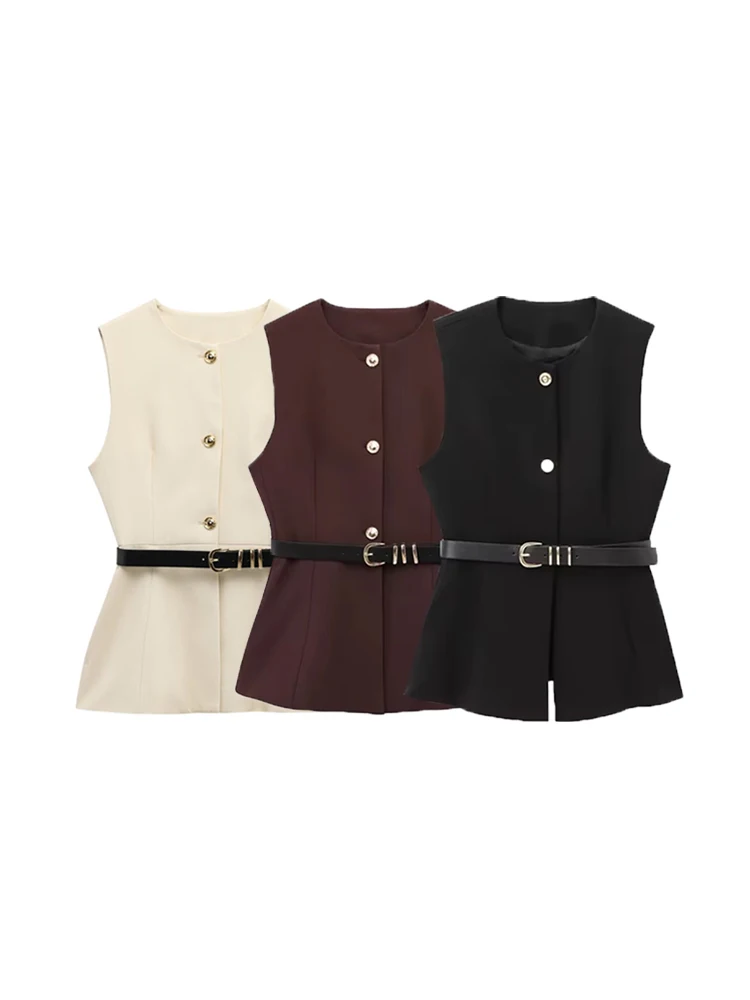TRZA-Women's Long Waistcoat with Belt, Front Gold Button, O Neck Sleeveless Vest, Female Outerwear, Chic Tops, Fashion