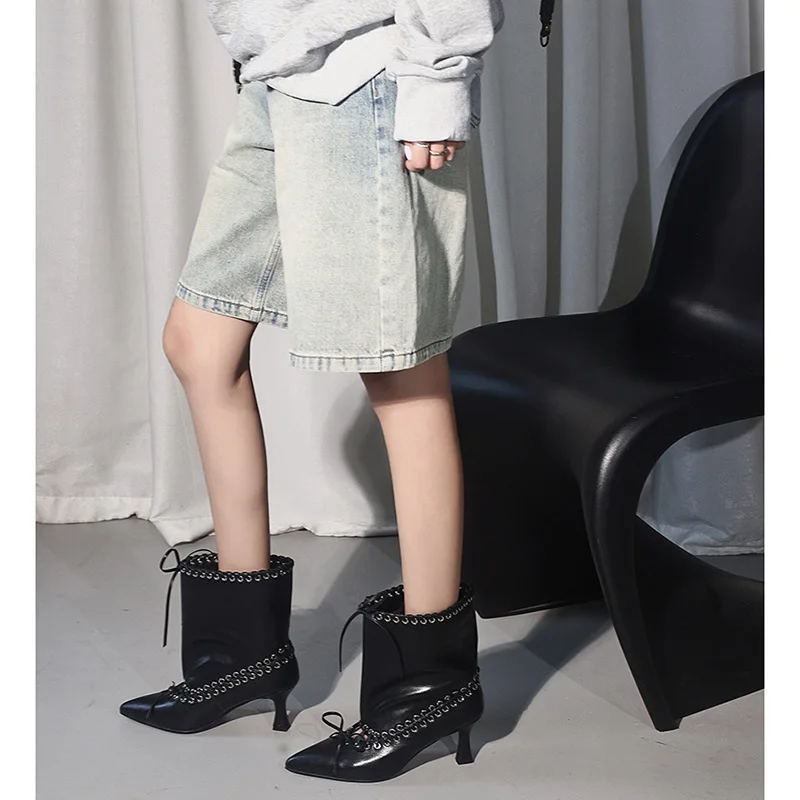 Women's Black Patent Leather Pointed Toe Ankle Boots Chic Ring Detailing Lacing Mid Heel Design Daily Parties Edgy Elegant Boot