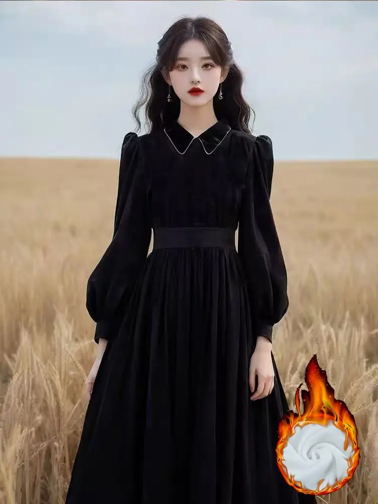 

High-end Vintage Dresses Women Autumn Winter Clothing Long Sleeve Polo-neck Maxi Long Dress 2025 Fleece Lined Dress Fashion C100