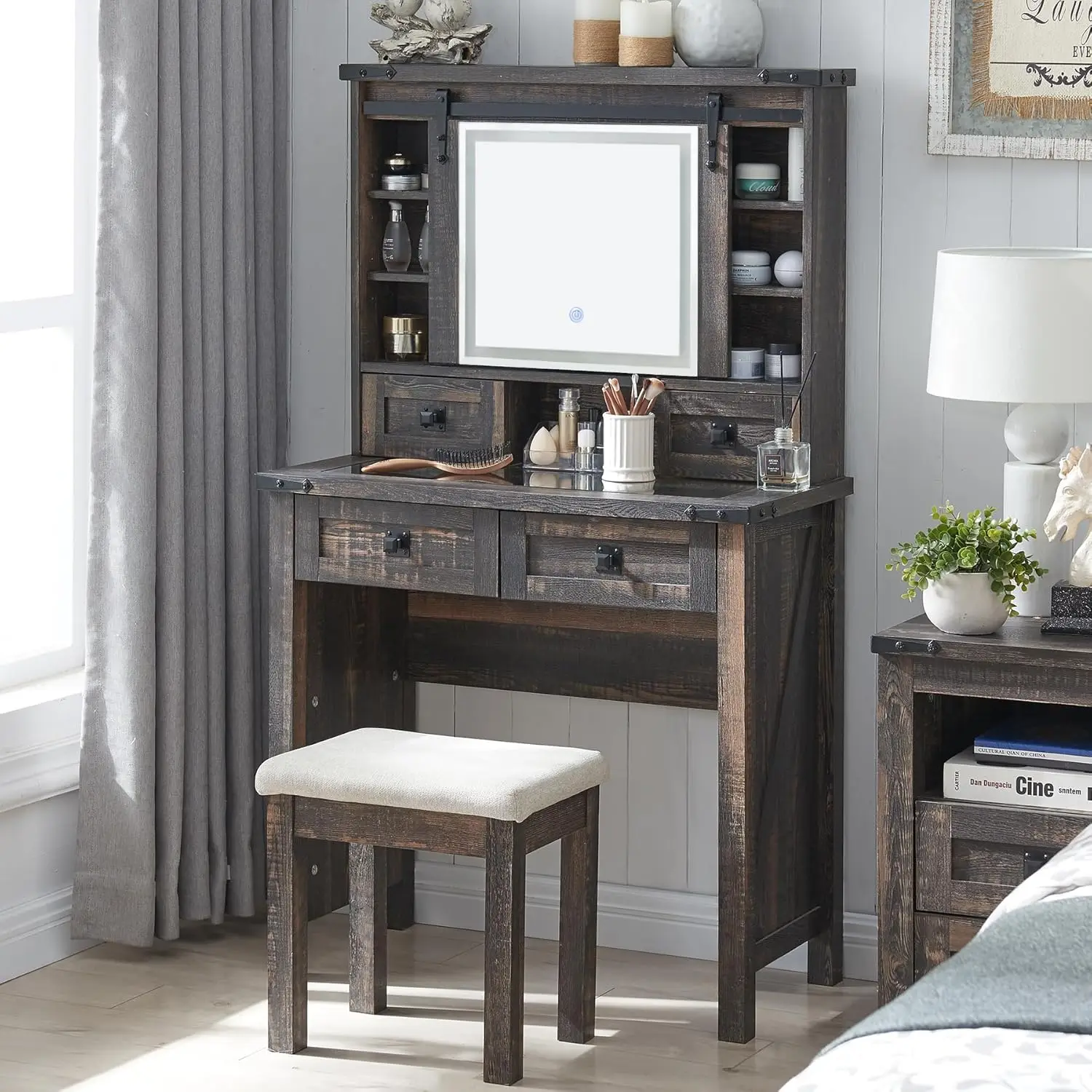 

Glass Tabletop Vanity Dressing Table with Drawers & Shelves, Rustic Vanity Set