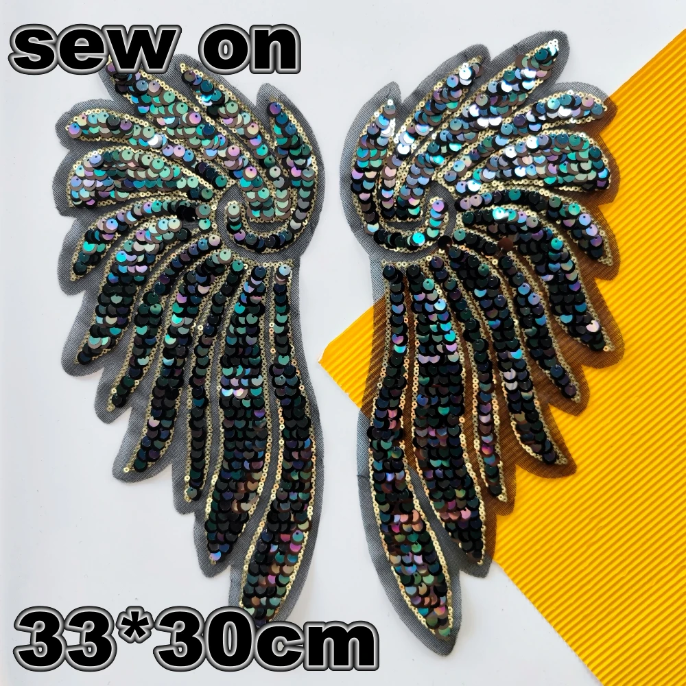 1 pair embroidery sequined angel wing patch,sequins wings rainbow badge,patches for jackets,sequin applique PW2111171