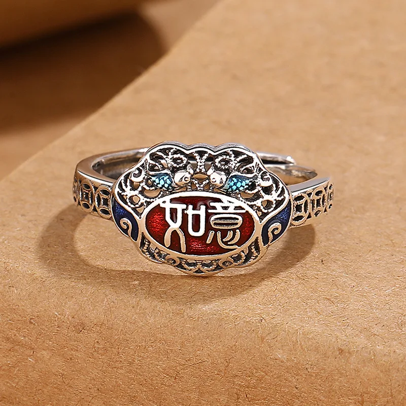 

Enamel cloisonn é auspicious ring with female personality, hollowed out artistic style, retro ethnic style, adjustable bracelet