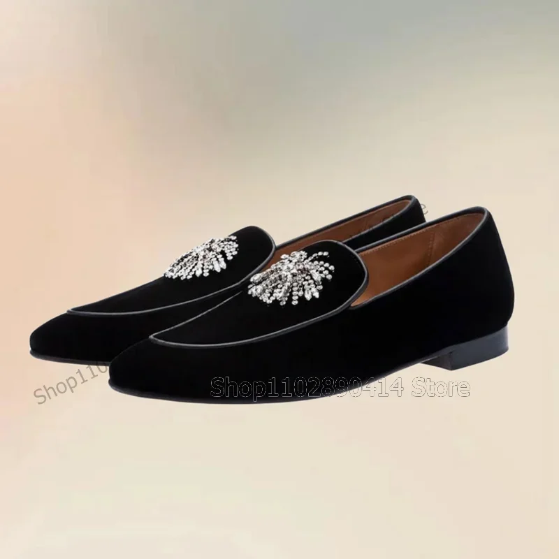 

Crystal Flower Tassels Black Flock Men Loafers Fashion Slip On Men Shoes Luxury Handmade Party Banquet Wedding Men Dress Shoes