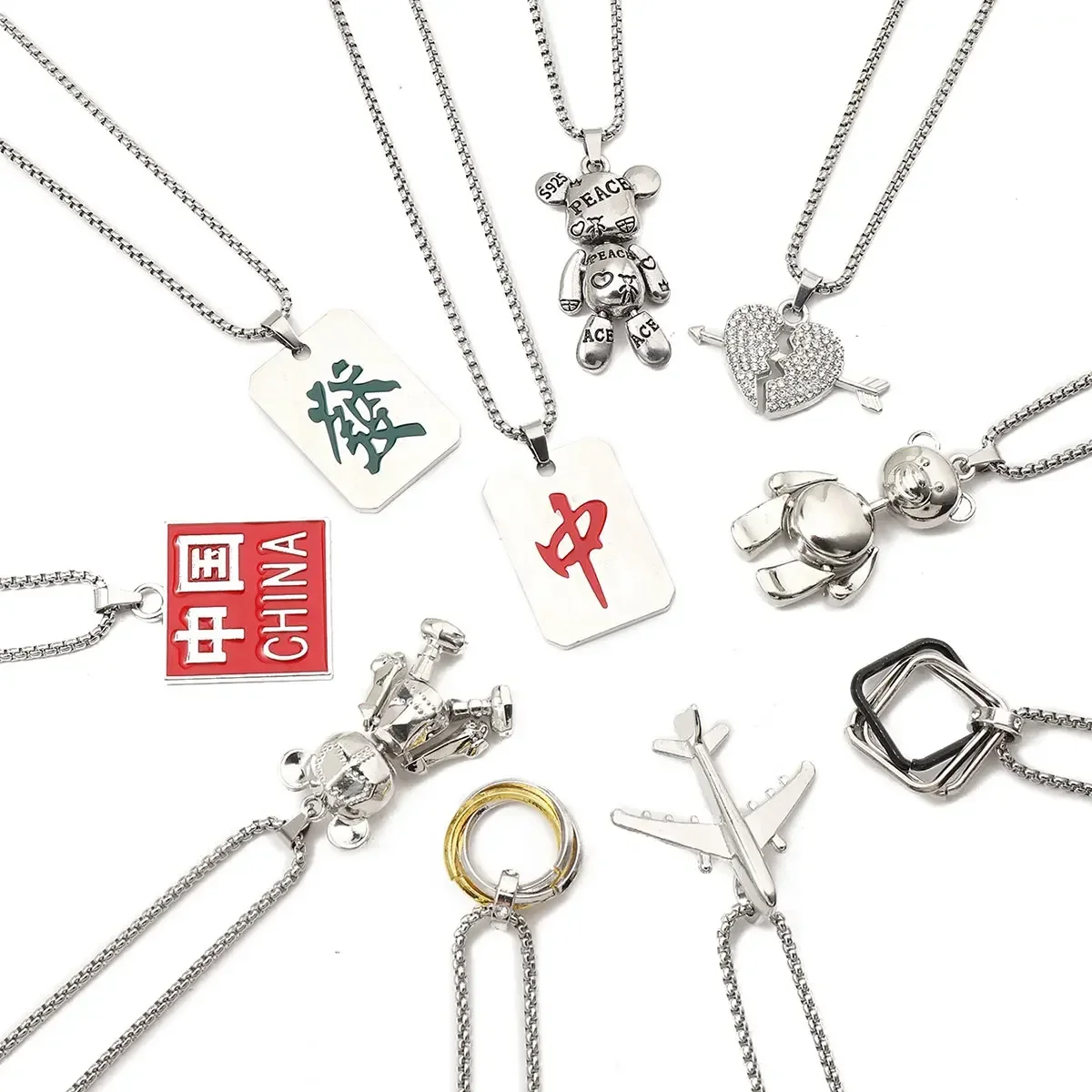 China Tag Stainless Steel Chain Screw Man Necklace Aeroplane Mahjong FA Arrow Heart Pendant Street Punk Hip Hop Male Jewelry