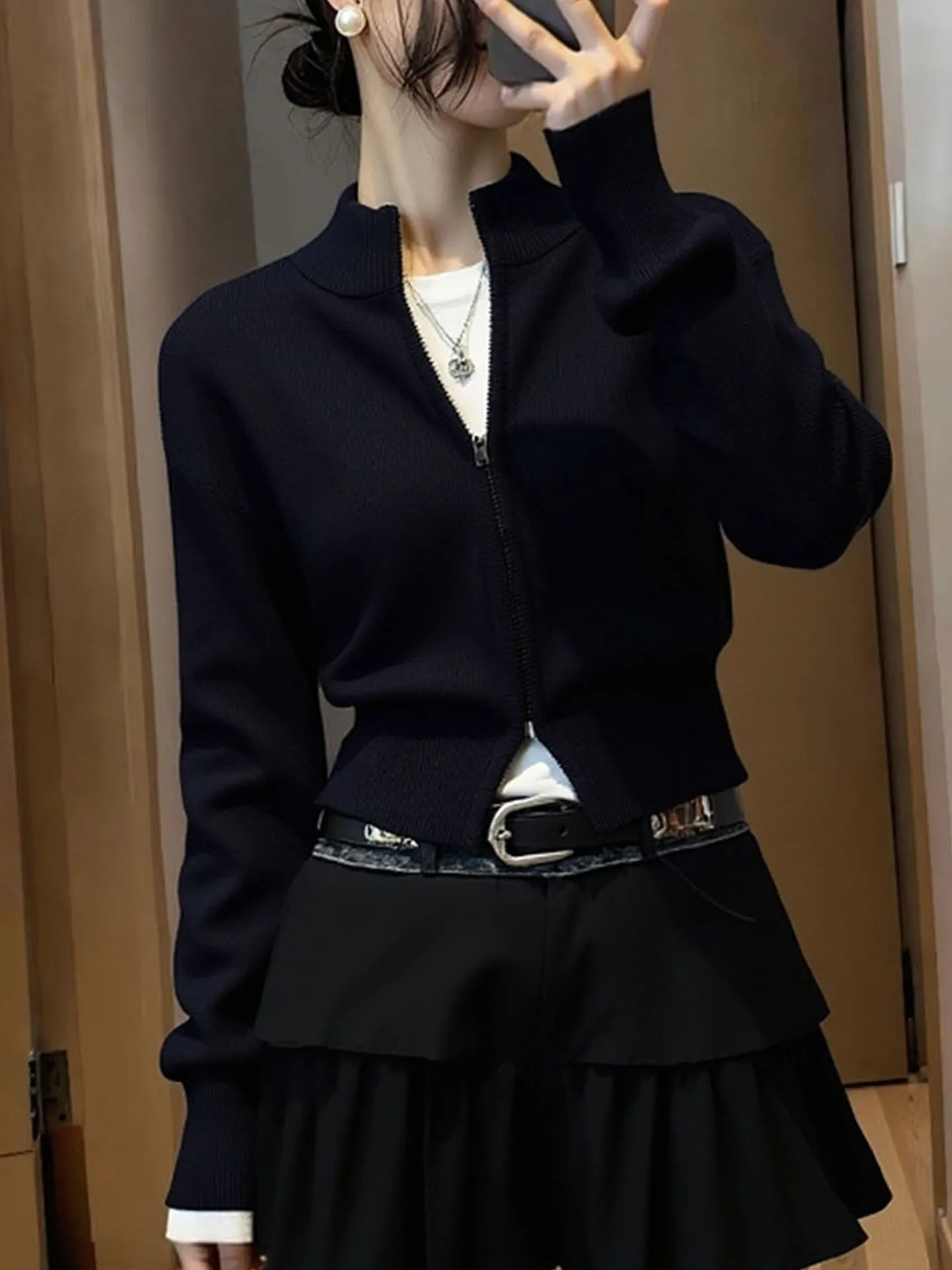 ウィンターティーンエイジスリムフィットジッパーニットウェアロングスリーブカメレオントップス多用途高品質エレガントレディースファッション