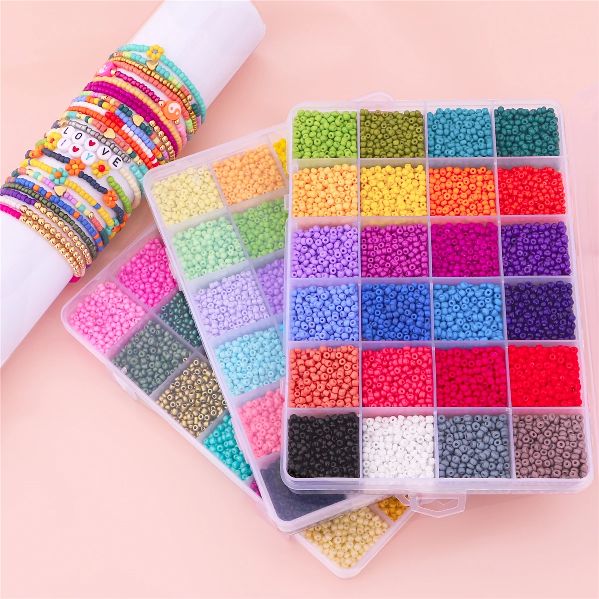 Premium 24-Grid Painted Rice Beads Kit - 3/4mm Solid Color DIY Jewelry Supplies for Bracelets/Necklaces (15g/Grid 1600-12000pcs)