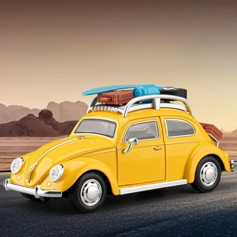 Simulation 1:24 Scale Retro Beetle Die-Cast Alloy Car Model Pull Back with Light & Sound Collectible Ornament Miniature Voiture