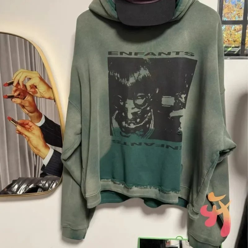 24ss New ERD Hoodies Tie Dye Washed Green Illustration Print Hooded Sweatshirts Vinatge Casual Men Women Oversized Hoodys