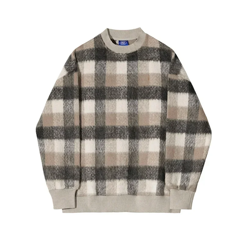 Versatile plaid crewneck sweatshirt men's Korean version niche design tops trendy and versatile new autumn clothes