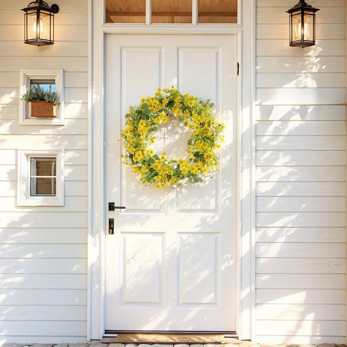 

Yellow Daisy Wreath 17.7 Inch Spring Summer Wreath Fake Silk Floral Wreath with Green Eucalyptus Leaves for Front Door