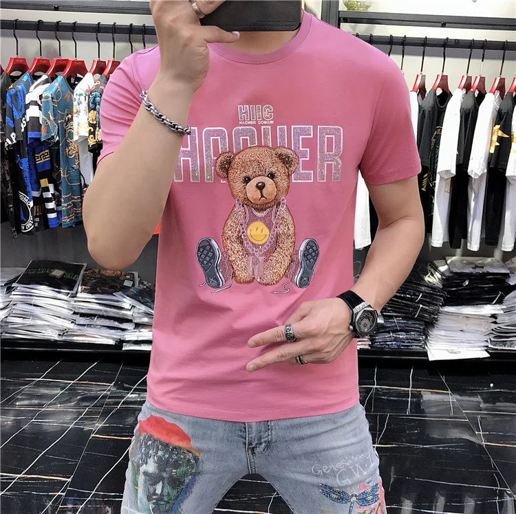 

2023 Fashion Bear Rhinestones T Shirts for Men Summer Clothes Streetwear Cartoon Printing Slim O Neck Short Sleeve T-shirt Man