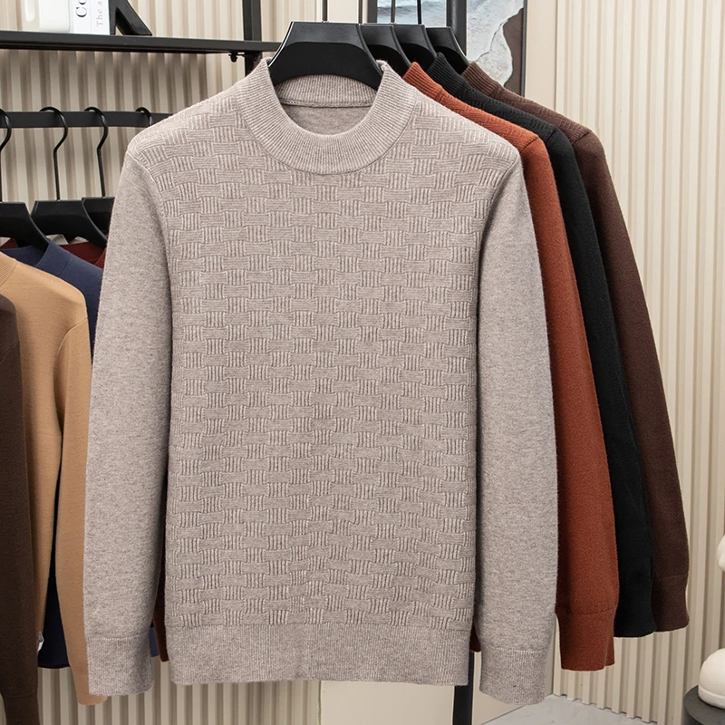 

Jacquard Thick Casual Men Sweater Pullovers Mock Neck Knitwear Winter Quality Silky Comfortable Acrylic Blends Sueters De Hombre