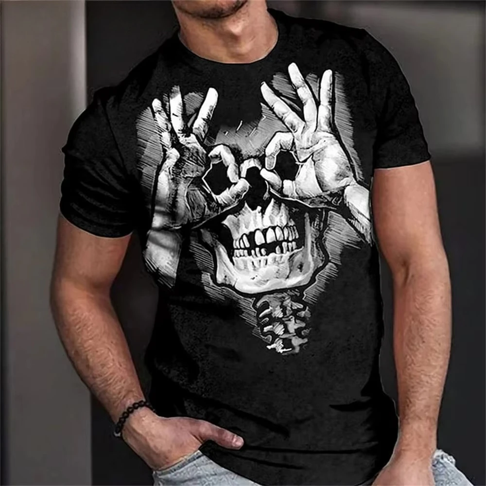 Fun Skull Horror Theme 3D Printed Fashion Men's Round-neck Loose-Weave Breathable Large-Sized T-Shirt - Street Casual Trendy Top