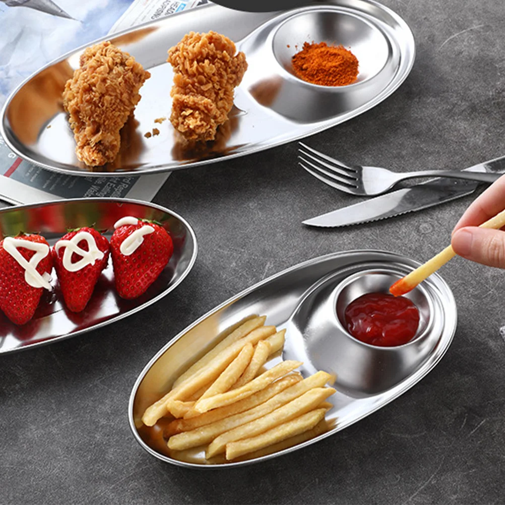 

1pc 304 Stainless Steel Snack Dish Dipping Plate For Condiments Sauce Appetizer Fruit Dessert Oval Kitchen Gadget Household