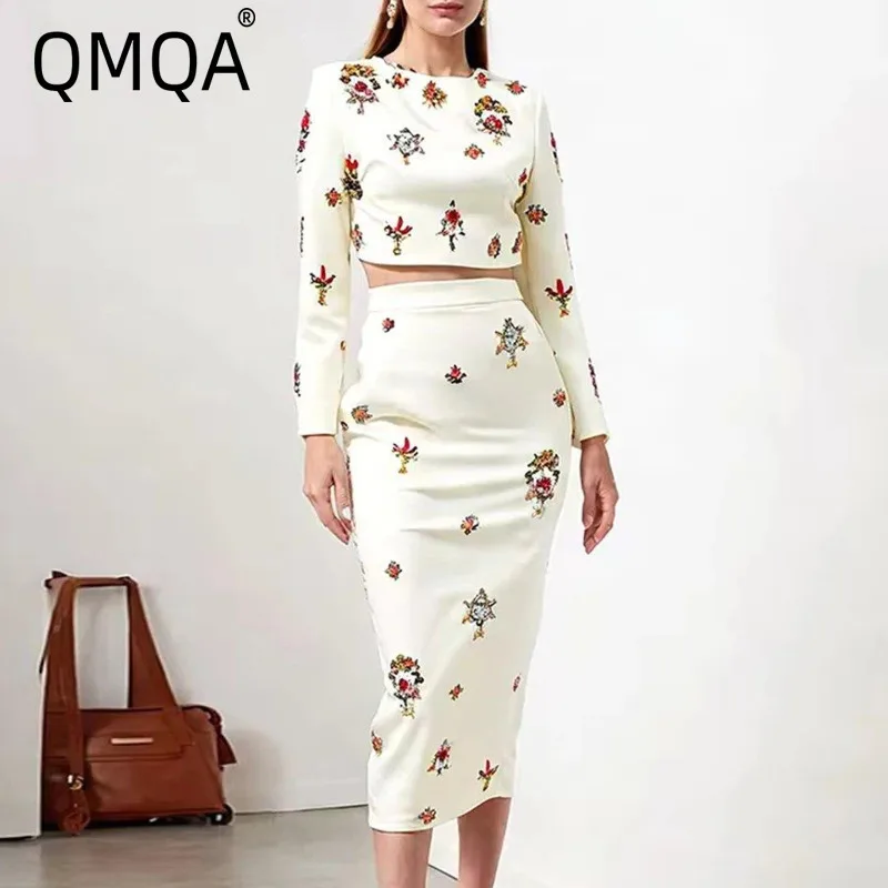 QMQA Fashion Women's Two Piece Set Round Neck Long Sleeve Top High Waist Skirt Patchwork Diamonds Slim Sets Female New 1A711