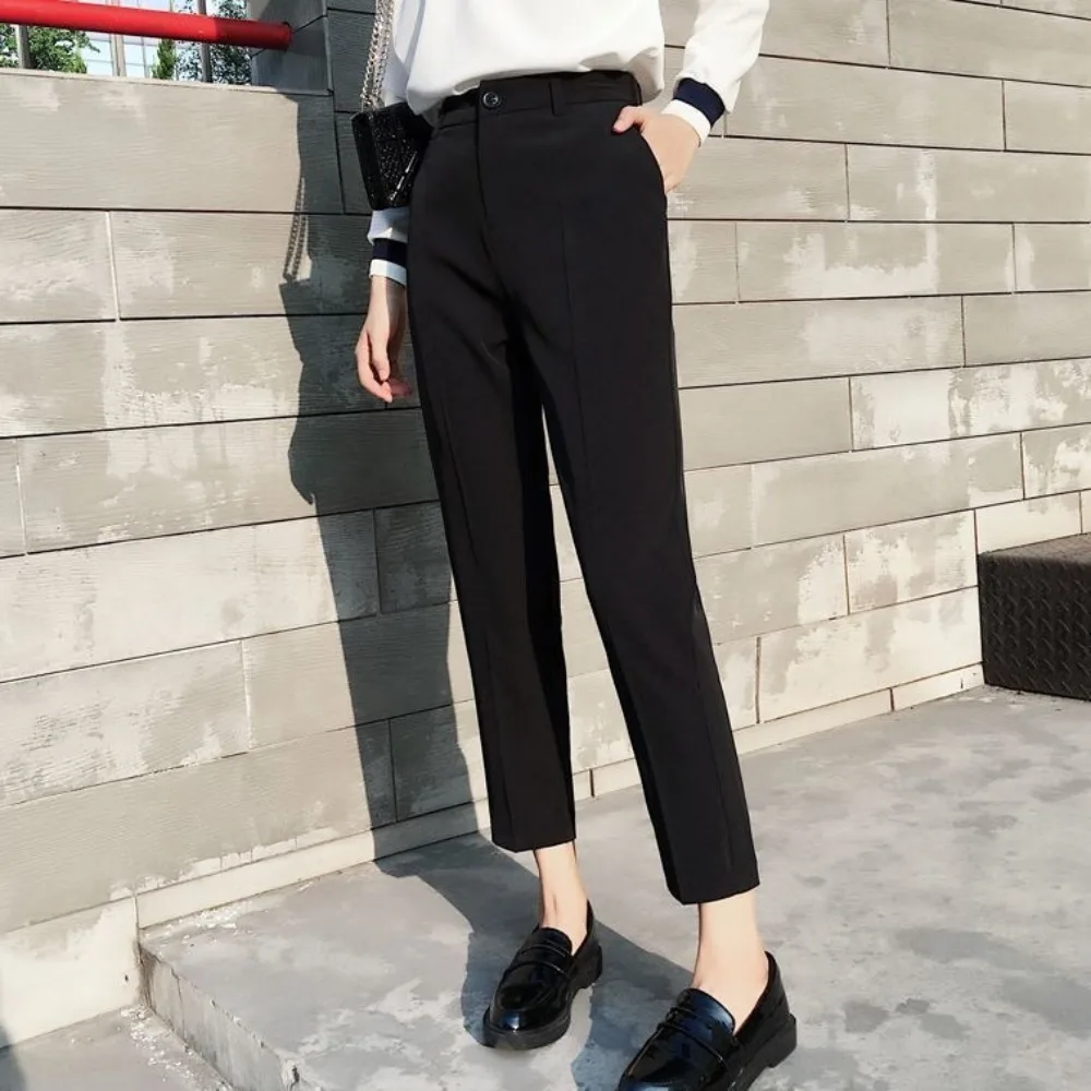 

Elastic women's suit pants, available in nine-inch length for spring and autumn, featuring a high waist, loose fit