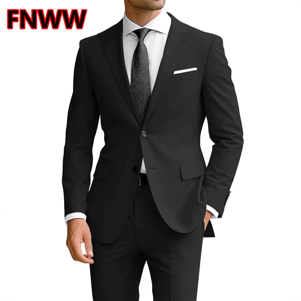 

Men's Slim Fit Two-Piece Suit Set with Turn down Collar Full Sleeve Blazer And Plain Long Pants for Business Evening Wear Spring